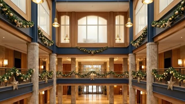 atrium architecture. A beautifully decorated hotel atrium adorned with festive garlands and lights, creating a warm, inviting atmosphere with elegant architecture enveloping the space