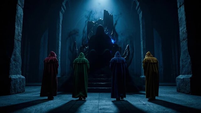 Mysterious hooded figures in colorful robes standing before dark throne. Cult members worshiping shadow master in ancient temple dungeon. Cinematic fantasy ritual concept