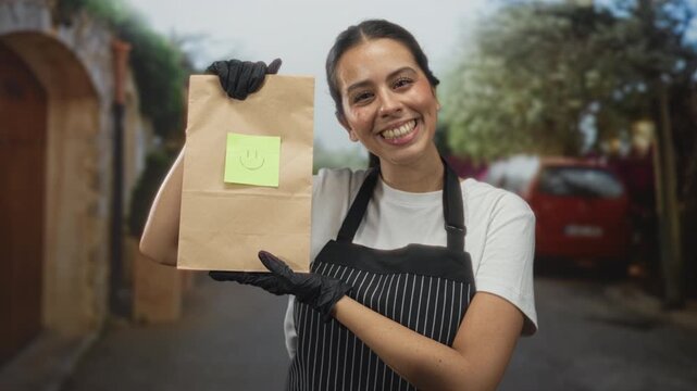 Woman in striped apron holds paper bag and smiles while presenting it on street with gloves; friendly delivery service.
