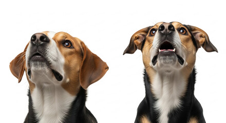 Two dogs curiously gaze upward in bright lighting