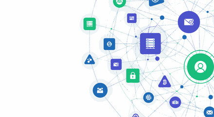 Digital network connection with various business and technology icons. Concept of cloud computing, big data, internet of things, and global communication.