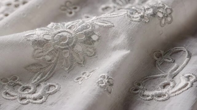 Medium shot of intricate floral cutwork and eyelet schiffli embroidery highlighting delicate perforated textile patterns and detailed threadwork.