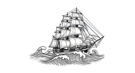 Vintage Sailing Ship on Rough Seas, Nautical Illustration