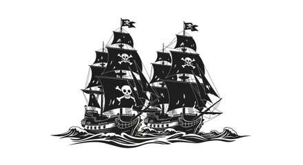Two Pirate Ships Sailing on Wavy Seas with Jolly Roger Flags