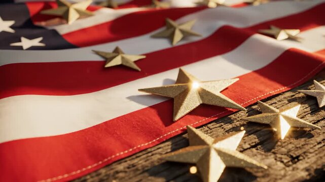American flag with golden stars on rustic wooden table