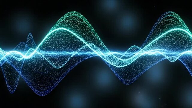 Vibrant Digital Waveform Visualization with Neon Blue and Green Particles on Dark Background - Perfect for Music and Sound Design Projects