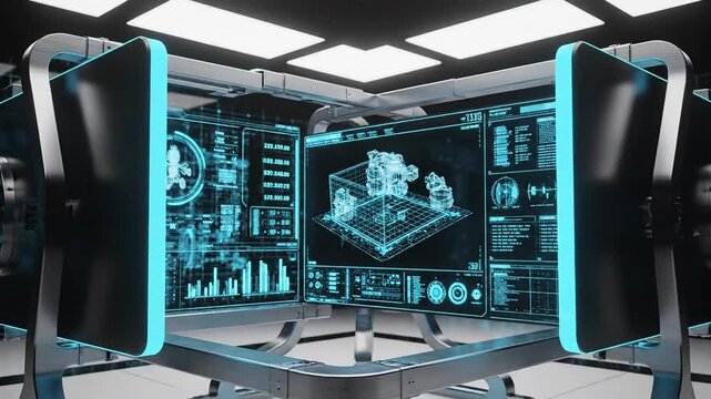 Futuristic control room with advanced technology and large screens displaying data, showcasing innovation, digital interface