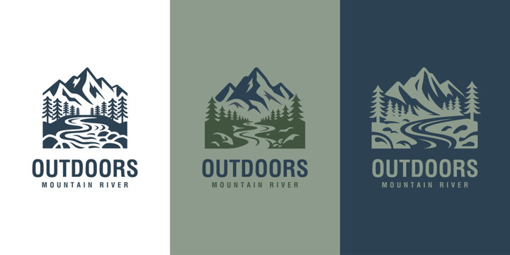 Mountain River Pine Tree Logo Collection Design. Abstract Landscape Wilderness Concept Symbol for Camping Brand, Hiking Adventure, Outdoor Travel, and Park Identity