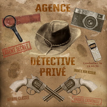 affiche agence d&eacute;tective priv&eacute; vintage, PNG format carr&eacute;