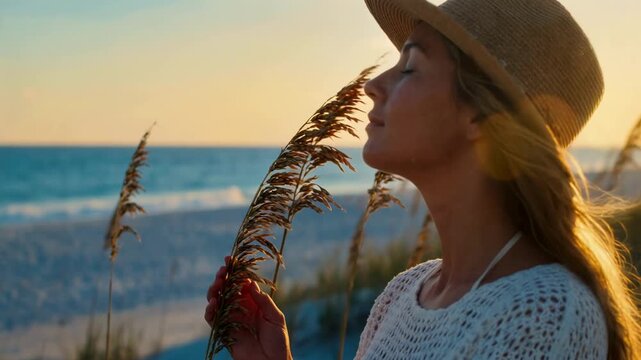 Profile of woman in hat smelling sea grass on beach at sunset. Young female enjoying fresh air and golden hour light by the ocean. Summer freedom concept
