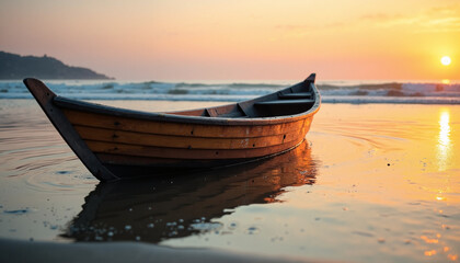 Naklejka premium Beautiful wooden boat on sandy beach at sunset with waves gently lapping against hull. Sunset casts warm glow on boat, creating serene atmosphere. Concept for travel, relaxation,