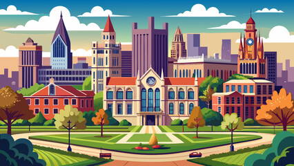 Naklejka premium Very beautiful wide shot of the University of Chicago campus in Chicago, Illinois, USA, showcasing elegant academic buildings and balanced urban campus planning.
