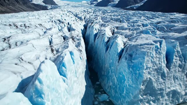 Aerial view of a deep glacial crevasse with floating icebergs in frigid water