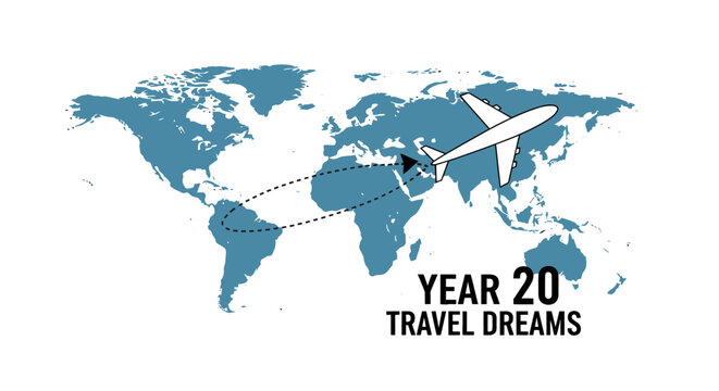 World map illustration with an airplane flying on a dotted route. Travel dreams concept with "YEAR 20" text for vacation planning and global tourism.