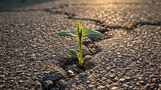 A resilient sprout pushes through a crack in the asphalt