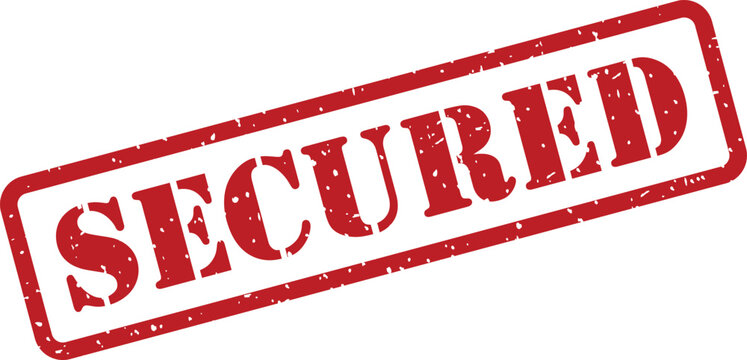 A vibrant red grunge effect rubber stamp clearly shows the word SECURED against a crisp white backdrop