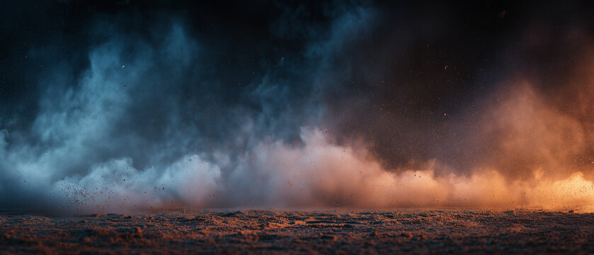Dramatic storm front over scorched ground wildfire smoke background