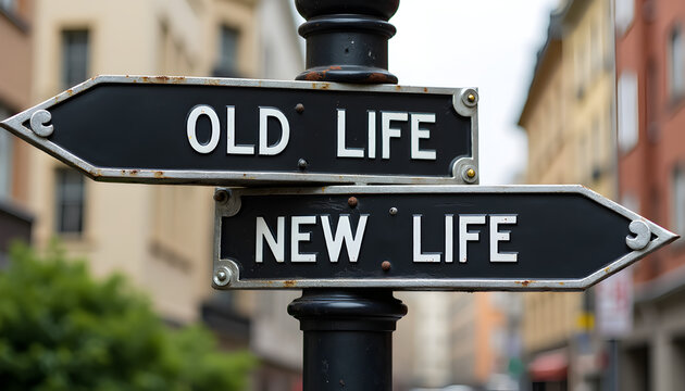 Street sign to NEW LIFE versus OLD LIFE, symbolizing personal growth, change, and new beginnings