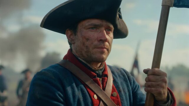 Close-up of American revolutionary soldier holding flag on battlefield. Portrait of dirty historical warrior in uniform looking serious amidst smoke. War and patriotism concept