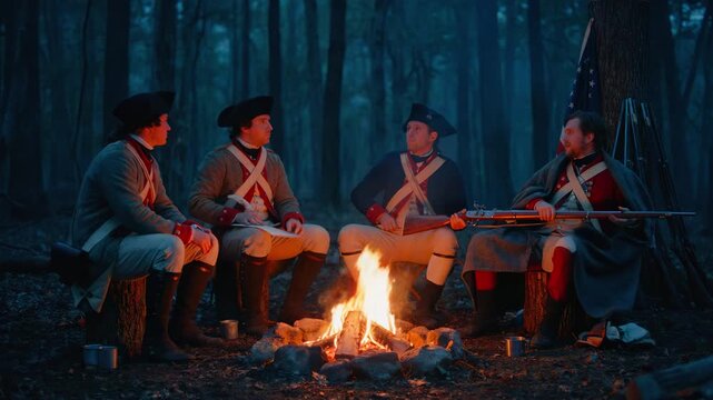 Historical soldiers sitting around campfire in dark forest at night. Group of American revolutionary war troops resting with muskets near flag. Colonial military reenactment scene