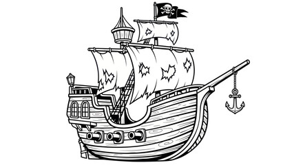 Fototapeta premium Vintage Pirate Ship with Jolly Roger Flag and Anchor, Black and White Illustration