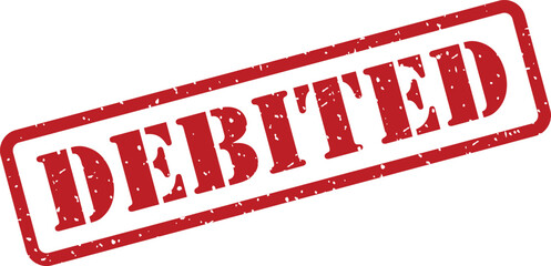 A vivid red rubber stamp clearly showing the word DEBITED stands out on a bright white background © designboundary