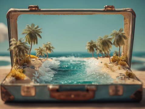 Miniature tropical beach paradise inside vintage open suitcase travel dreams surreal vacation concept art
