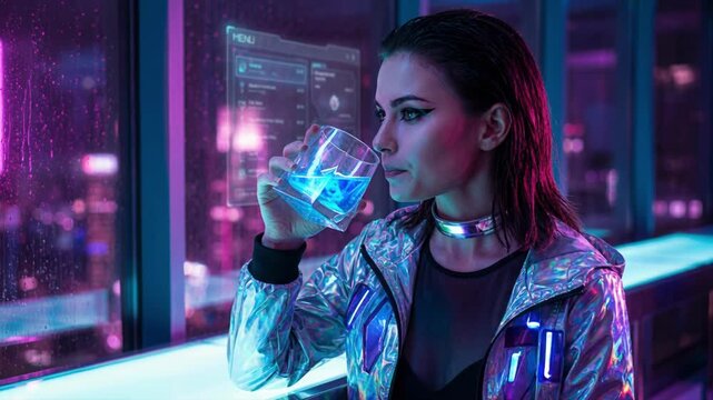 Cyberpunk girl in silver jacket drinking blue cocktail in neon bar. Young woman with wet look makeup and metallic choker posing near futuristic window. Sci-fi nightlife concept