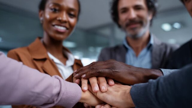 In a collaborative environment, diverse individuals unite their efforts by placing their hands together in a symbol of teamwork, cooperation, and shared commitment 