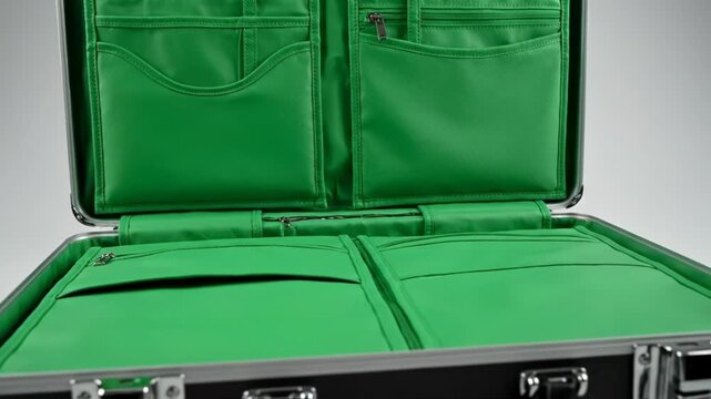 Open black briefcase with vibrant green interior, organized pockets and zippers