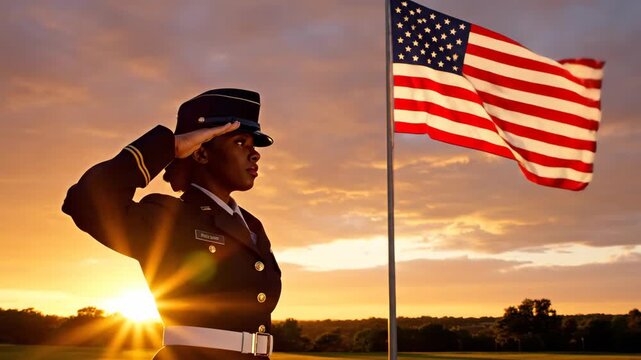 Black female soldier saluting American flag against golden sunset sky