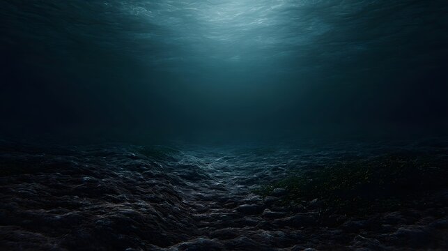 Sunlight filters down into the dark deep ocean illuminating a textured seabed below the water s surface
