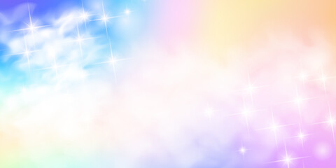 Pastel sky background with soft glitter gradients, cute princess unicorn dreams, magical rainbow stars, and iridescent fantasy light creating enchanted sparkle atmosphere. Vector illustration. © Narin