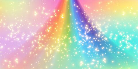Fantasy rainbow gradient backdrop featuring pastel clouds, magical sparkles, unicorn dreams, and iridescent princess colors in soft watercolor bokeh style. Vector illustration. © Narin