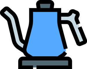 Obraz premium Blue electric gooseneck kettle standing on its base, preparing pour over coffee, representing small kitchen appliances and modern methods of brewing hot beverages