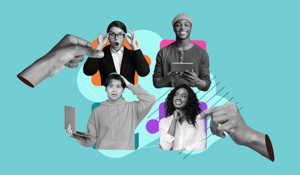 A collection of people shows various responses to technology. Hands interact with different individuals. The scene highlights engagement in digital activities. People look surprised and curious.