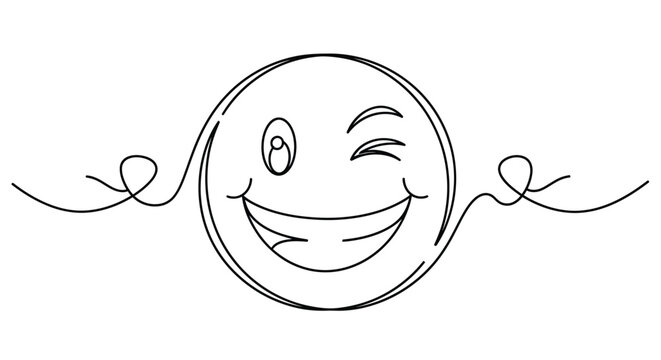 Winking smiley face with wide grin in continuous line art