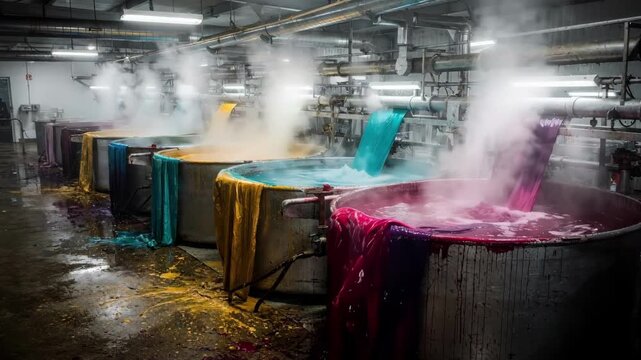 Medium shot of large vats in a dye house with reactive dye coloring fabric bolts vibrant hues swirling as steam rises through industrial vents.