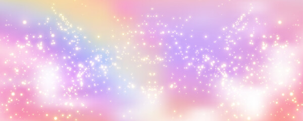 Pastel gradient sky with glitter stars, dreamy unicorn atmosphere, iridescent bokeh effects, candy colors, kawaii fairy tale aesthetic, and shimmering light patterns. Vector illustration. © Narin