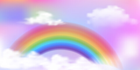 Magical rainbow background with sparkling pastel gradients, dreamy pink and purple sky filled with glitter, perfect for princess and unicorn-themed fantasy designs. Vector illustration. © Narin