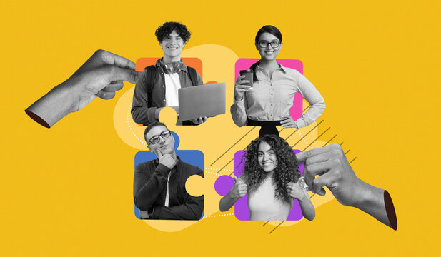 A collage shows a group of people engaged in various activities related to teamwork. Each person displays a different expression and holds different items. They are set against a colorful background.