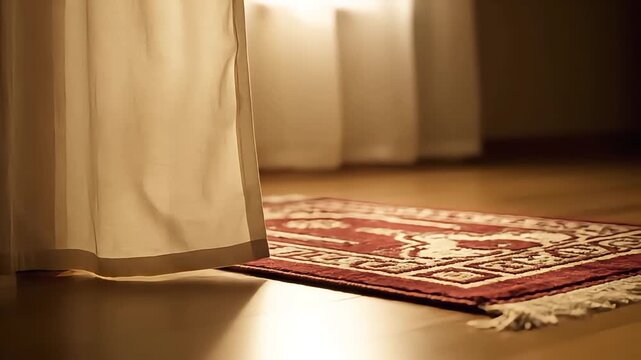 Quiet and serene room with a Muslim prayer rug on the floor