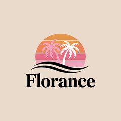 Fototapeta premium Tropical Florance Logo with Vibrant Palm Tree Sunset Icon and Elegant Black Serif Typography
