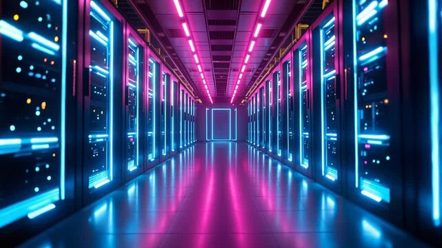 Endless server room corridor with glowing blue and pink neon lights reflecting on the floor