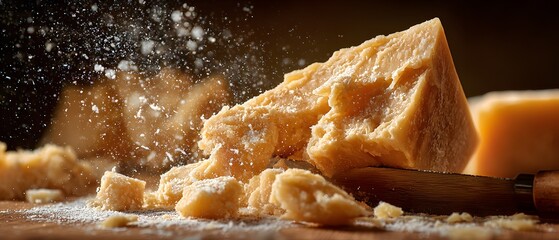 Crumbled block of aged cheese on a wooden surface with scattered powdered particles, finely detailed texture visible, soft warm light highlighting its hard and crumbly characteristics