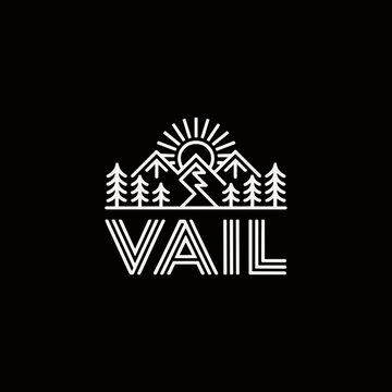 Minimalist VAIL Logo Design with Linear Mountain Peaks Sunrise and Pine Forest Icons on Black Background