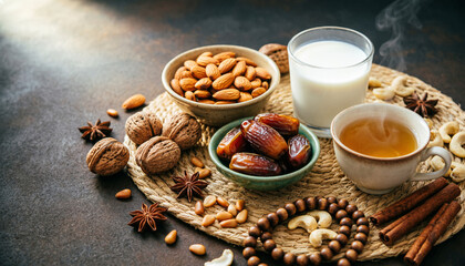 Fototapeta premium Warm beverage with milk dates nuts and spices on a woven mat evoking a cozy atmosphere with natural ingredients