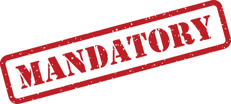 Grungy red mandatory stamp with a textured appearance on a plain white surface