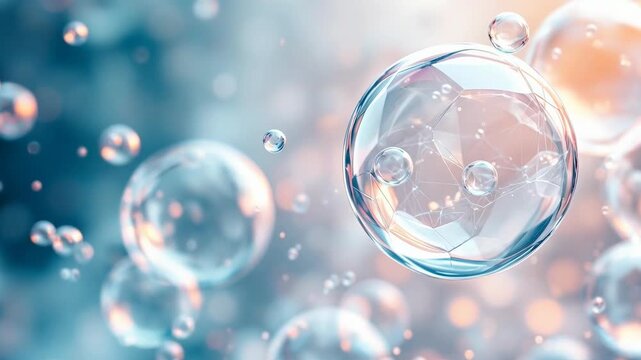 Abstract cosmetic background with transparent soap bubbles floating on a blue and orange backdrop