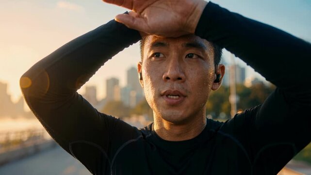 Tired asian runner wiping sweat from forehead after an intense workout at sunrise. Exhausted male athlete resting during a morning run in the city. Fitness fatigue concept